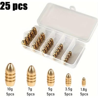 1set/25stuks Kogel Koper Set, Texas Visset Accessoire Combinatie Lua Accessoires Puur Koper Contragewicht, 5 Maten Visgerei Benodigdheden Pack of 25 white