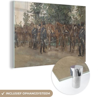 ® Glasschilderij 180x120 cm - Schilderij acrylglas - Huzaren staande naast hun paarden langs de kant van de weg - Schilderij van George Hendrik Breitner - Foto op glas - Muurdecoratie woonkamer - Wanddecoratie slaapkamer - Schilderijen