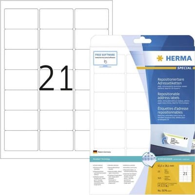 Herma 5074 Adresetiketten 63.5 x 38.1 mm Papier Wit 525 stuk(s) Weer verwijderbaar Inkjet, Laser (zwart/wit), Laser (kleur), Kopiëren (zwart/wit),