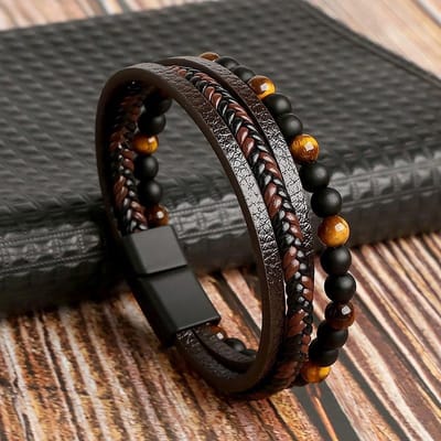 Fako Bijoux - Leren Armband - Leer - Kralen - Heren - Dames - Set - Magnetische Sluiting - 21cm - Bruin/Zwart