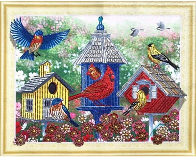 Diamond painting op canvas - gespannen doek - met speciale vormen van steentjes - 40 x 50 cm - vogeltjes in huisjes