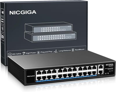 26-poorts PoE+ Switch met 400W Vermogen en 2 Gigabit Uplinks - Onbeheerd, Rackmonteerbaar