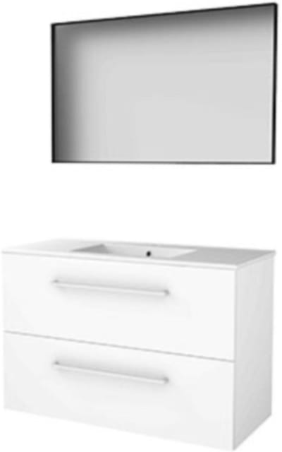 Basic-Line Framed 46 Badkamermeubelset - 100 x 46 cm - Met Grepen - 2 Lades - Keramische Wastafel - 1 Kraangat - Spiegel met Zwart Aluminium Frame - Ice White