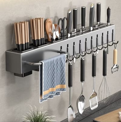 Flavers® - Grijs - Keukenrek Hangend - ophangbaar - Kruidenrek - keukenrek - muur- roestvrij staal - kookrek - 60 cm - messenblok - wandrek - metaal grijs - keuken organizer - aanrecht organizer - messenhouder - met of zonder boren