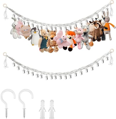 Hammock voor het Ophangen van Pluche Speelgoed en Accessoires, 2m Opslagoplossing voor Knuffels, Sjaals en Dekens met 20 Metalen Haken