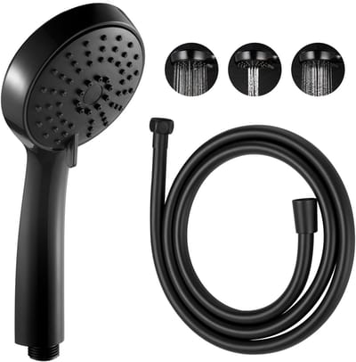 Douchekop met 1.6m Slang, 3 Spuitstanden, Waterbesparende Handdouche, Rond 10cm in Mat Zwart voor Badkamer