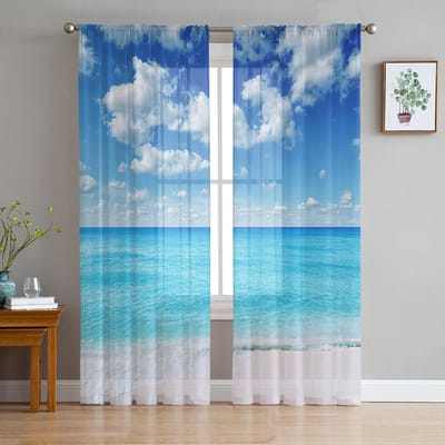 Strand Zee Blauwe Lucht Natuur Landschap Transparante Gordijnen voor Woonkamer Decoratie Raamgordijnen Keuken Tule Voile Organza Gordijnen W135 x H160cm x1