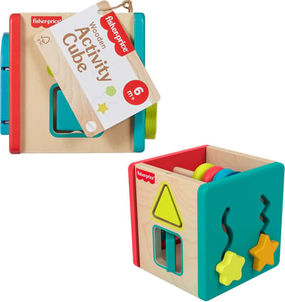 Mattel houten activity cube speelgoed voor peuters en baby's.