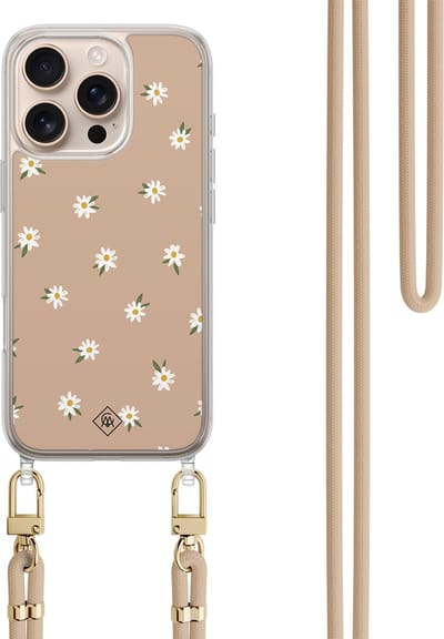 Casimoda® hoesje met koord - Geschikt voor iPhone 16 Pro - Sweet Daisies - Afneembaar koord - TPU/polycarbonaat - Bruin/beige