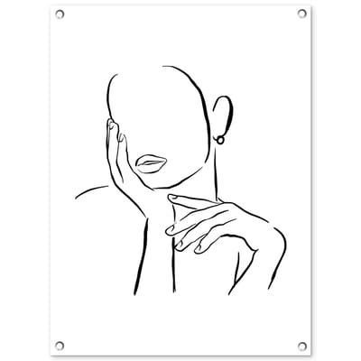 Tuinposter 60x80 cm - Tuindecoratie Abstracte line art van een vrouw met haar hoofd in haar hand - Poster voor in de tuin - Buiten decoratie - Schutting tuinschilderij - Tuindoek muurdecoratie - Wanddecoratie balkondoek