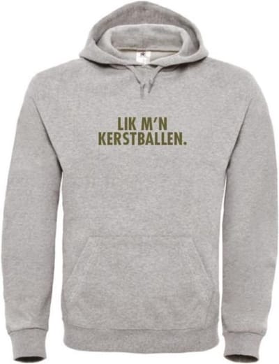Foute kersttrui hoodie grijs M - Lik m'n kerstballen - Olijfgroen - soBAD. | Kersttrui soBAD. | kerstsweaters volwassenen | kerst hoodie volwassenen | Kerst outfit | Foute kerst truien