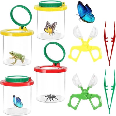 Bekervergrootglas set voor kinderen - 8 stuks met pincet en draagbare vergrotingsbox voor insectenobservatie en wetenschap in de natuur