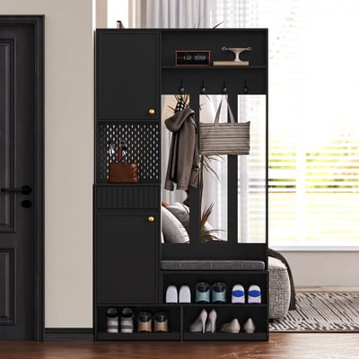 Halkasten - 100x180x35 cm - Komplett Flurgarderobe Met Sitzbank, 4 Haken, Deuren En Laden - Hout - Zwart