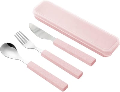 Kinderbestekset van RVS - 3-delige set met mes, vork en lepel, vaatwasmachinebestendig en ideaal voor onderweg (Roze)