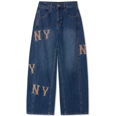 MLB SS26 New York Yankees Sport Comfort Casual Klassiek Geborduurd Logo Vintage Wassing Wijde Pijp Jeans Dames onderkleding 3FDPG5361-50INS M blue