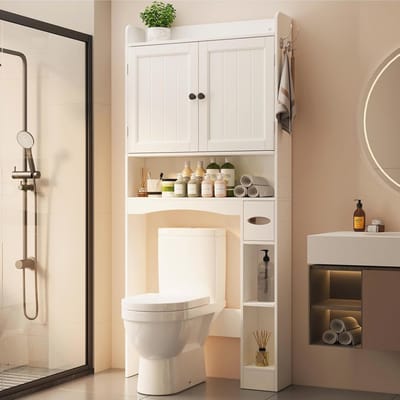 Opbergkast Boven Toilet - Badkamer Organizer - Ruimte Besparen - Verstelbare Planken - 82 cm Hoog - Wit