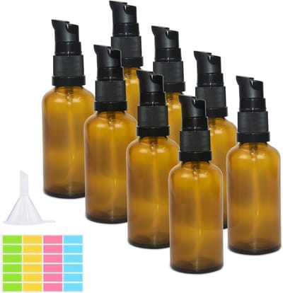 50ml Lege Bruine Glazen Flessen met Pompdispenser voor Lotion, Crèmes en Essentiële Olie, Inclusief Trechter en Stickers
