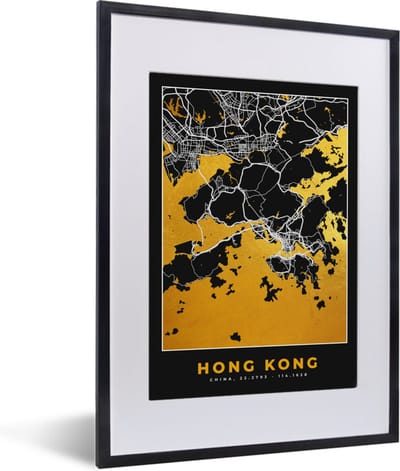 Fotolijst incl. Poster - Hong Kong - Stadskaart - Goud - Plattegrond - Kaart - 30x40 cm - Posterlijst
