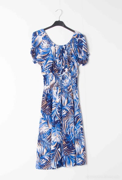 Dames jurk Dieke-bladerenmotief-blauw wit bruin-M/L-strandjurk