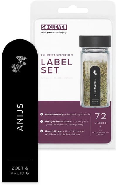 So Clever Kruiden Labels 72 stuks 15x60mm - Zwart - Zelfklevend | Waterbestendig | Herschrijfbaar