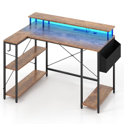 COSTWAY L-vormig bureau met stopcontacten en ledverlichting, 120 cm hoekbureau met monitorstandaard, planken en opbergtas, hoektafel, gaming computertafel (rustiek bruin)