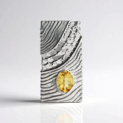 Cavill - Zilveren Hanger Gele Beril 0,937 ct - 925 Sterling Zilver Geplatineerd - Ovaal Briljant Slijpsel - Modern Rechthoekig Design Met Gravures