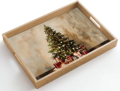 Dienblad hout 50x35 cm - Schootdienblad - Kerstboom - Versierd - Kleurrijk - Borrelplank rechthoek - Plateau dienbladen