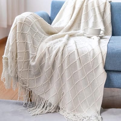 Gehaakte Plaid met Franje in Effen Kleur | Scandinavische Warmte | Zachte Dekbedovertrek voor Sofa en Bed 130 x 230 cm