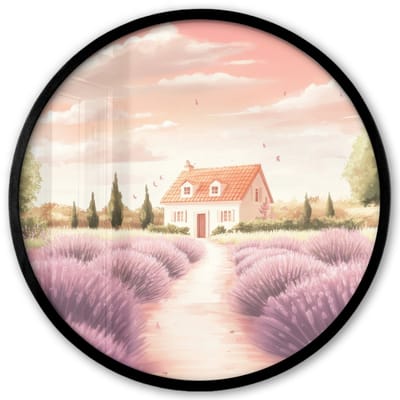 Poster in lijst Rond - Fotolijst 40x40 cm - Posters - Lavendelveld - Huis - Paars - Ronde posterlijst zwart - Decoratie - Wanddecoratie woonkamer - Muurdecoratie slaapkamer