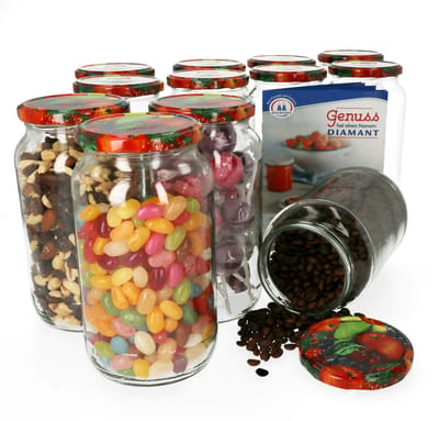 Set van 12 ronde potten 1062 ml To 82 fruit decor deksel incl. Diamant Gelierzauber receptenboekje