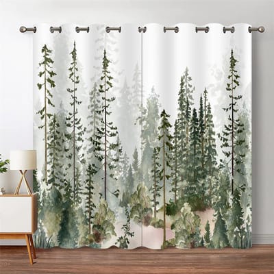 Rideaux de fenêtre Forêt Verte Aquarelle Silhouette d'arbre Paysage Nature Rideau Imprimé pour la Chambre à Coucher le Salon 175W220H(CM)68x84in&Hook