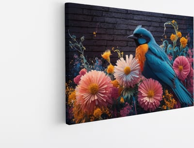 Saammp Canvas Schilderij - Vogel op bloemen - Abstract - Dieren- 45x30 - Foto op canvas - Wanddecoratie - Muurdecoratie Kinderkamer - Slaapkamer decoratie - Canvas Print
