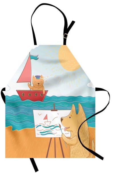 ABAKUHAUS Kleuter-keukenschort. Zomervakantie-karikatuur met kapitein-kat en schilderhond in grappige Hawaii-diermotieven. Veelkleurig, in hoogte verstelbaar, wasbaar, heldere digitale afdruk