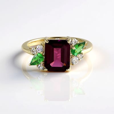 Cavill - 375 Geelgouden Ring - Naktamunda Rhodoliet 2,28 ct - Peervormige Keniaanse Tsavoriet & Zirkonen - Exclusief Luxe Sieraad - Modern Design