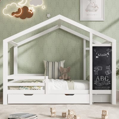 VVBV Kinderbed Huisbed 90x200 cm - Lattenbodem, 2 Lades, Tafel - Hout/Massief Hout Wit Zonder Matras