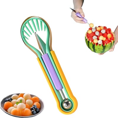 4-in-1 Roestvrijstalen Fruitset - Meloensnijder voor Cantaloupe en Watermeloen, Meloensnijder met Verwijderbare Mesjes – Geschikt voor Watermeloen, Kiwi en Drakenfruit – Keukenhulpje