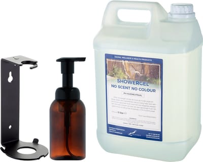 Zeepdispenser 300 ml amber bruin hervulbaar + 5 liter Showergel No Scent No Colour navulling (inclusief beugel)