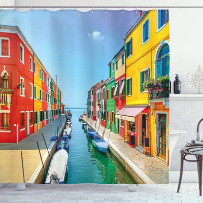 ABAKUHAUS douchegordijn – Moderne Italiaanse Kanaal- en Huizenmotieven, 175 × 200 cm, Meerkleurig