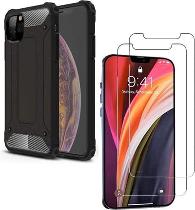 Hoesje Geschikt voor: iPhone 12 Heavy Duty + 2 stuks Tempered Screenprotector - Zwart