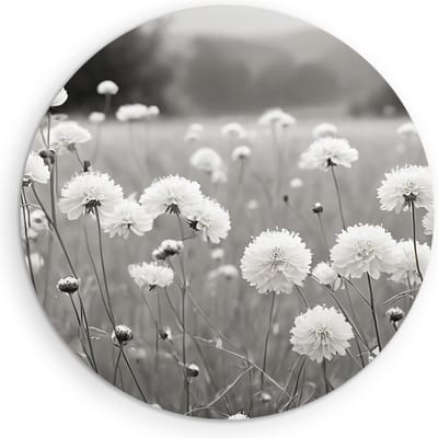 Saammp Muurcirkel Hout - Landschap - Zwart-Wit - Bloemen van dichtbij - Natuur - Ø 90 - Wandcirkel - Wanddecoratie Cirkel - Muurdecoratie Woonkamer - Slaapkamer decoratie - Rond Schilderij