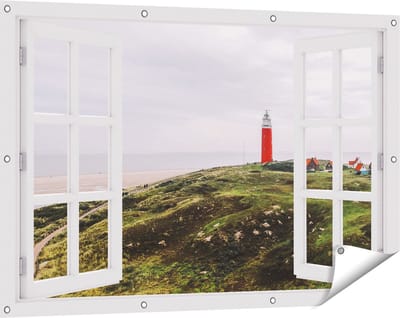 Gards Tuinposter Doorkijk Vuurtoren Texel - 120x80 cm - Tuindoek - Tuindecoratie - Wanddecoratie buiten - Tuinschilderij