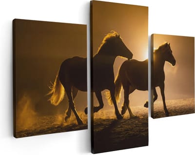 Artaza Canvas Schilderij Drieluik Silhouet Van Twee Paarden - 90x60 - Foto Op Canvas - Canvas Print