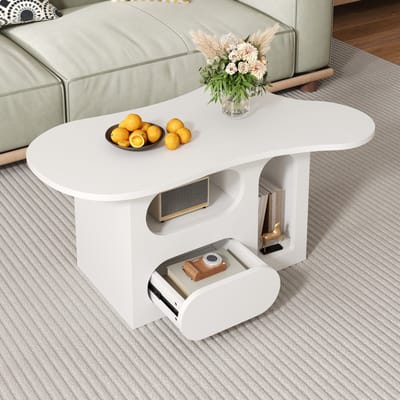 MODENUIT Salontafel - Wolkvormig Blad Met Lades En Open Vakken - Voor Woonkamer - Spaanplaat Wit - 97x45x43,5 Cm