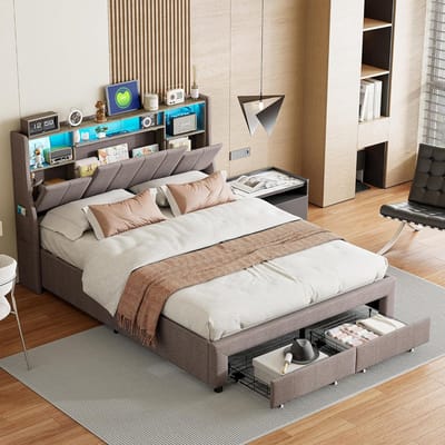 Gestoffeerd Tweepersoonsbed 140x200 Grijs met Opbergruimte, Laden en Geïntegreerde Verlichting
