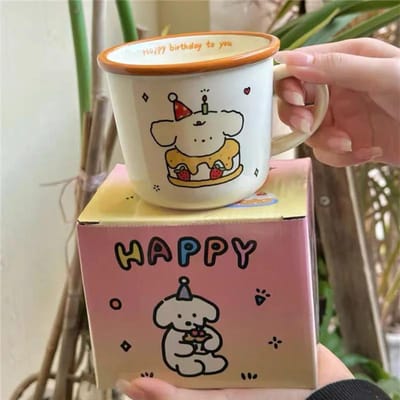 1 Stuks Ins Schattige Blije Beer Keramische Mok Kawaii Witte Puppy Cartoon Koffiemok Mode Vintage Afternoon Tea Kopje Paar Cadeau 350ml beige