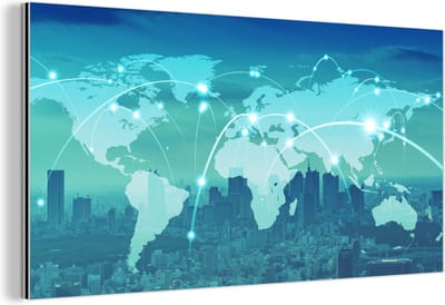 Aluminium schilderij 160x80 cm - Wanddecoratie metaal - Wereldkaart - Netwerk - Blauw - Metalen muurdecoratie woonkamer - Decoratie industrieel - Foto op dibond - Industriële accessoires slaapkamer