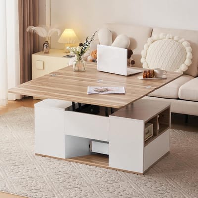 Opklapbare multifunctionele salontafel - tafelblad opent tot 2 tafels, grote capaciteit, moderne woonkamermeubels (wit)