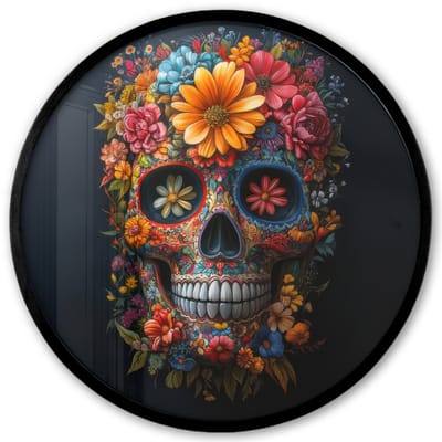 Poster in lijst Rond - Fotolijst 40x40 cm - Posters - Bloemen - Kleurrijk - Schedel - Ronde posterlijst zwart - Decoratie - Wanddecoratie woonkamer - Muurdecoratie slaapkamer
