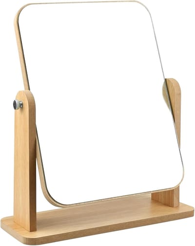 Houten Make-up Spiegel met Standaard – Verstelbare Tafelspiegel 360° Draaibaar – Bureau / Kaptafel Spiegel – 22 x 17 cm – Natuurlijk Hout