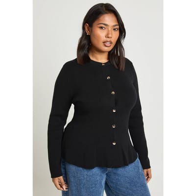 boohoo Dames Plus Gouden Knoop Peplum Compact Gebreid Vest | Zwart | Maat: 48-50